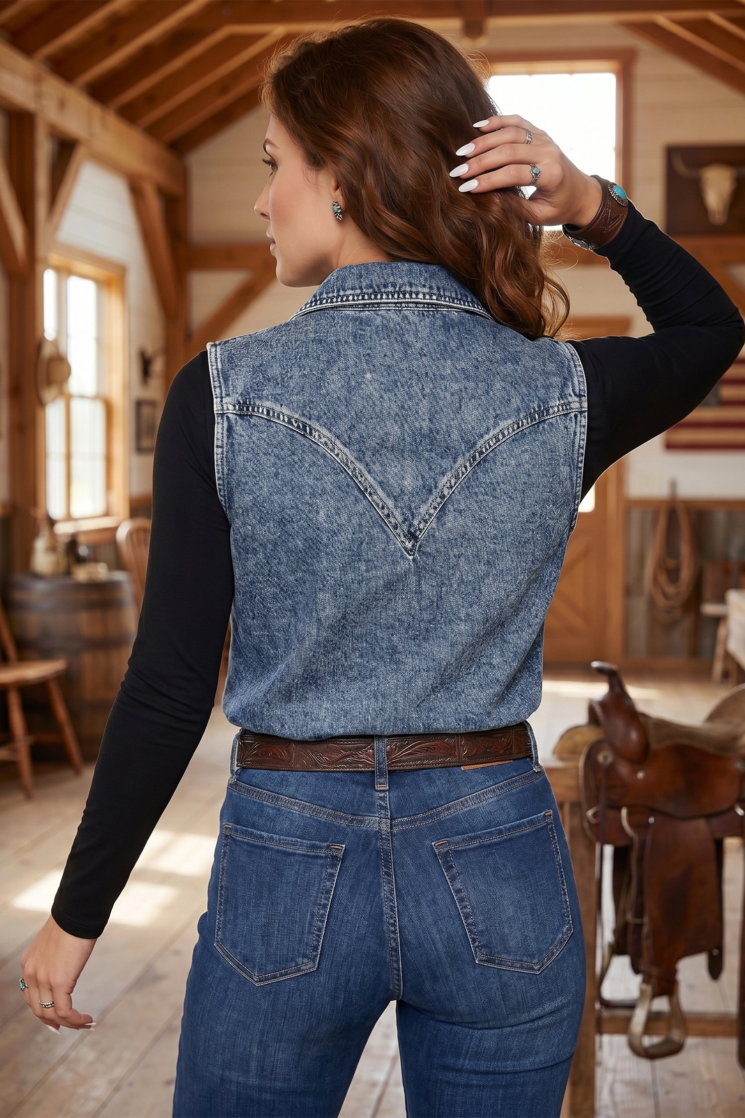Ashleigh Blue Solid Denim Button Front Pocket Sleeveless Cowboy Vest