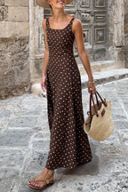 Brown Polka Dot Print Square Neck Sleeveless Vacation Long Dress