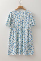 Sky Blue Floral Contrast Bow Puff Sleeve Mini Dress