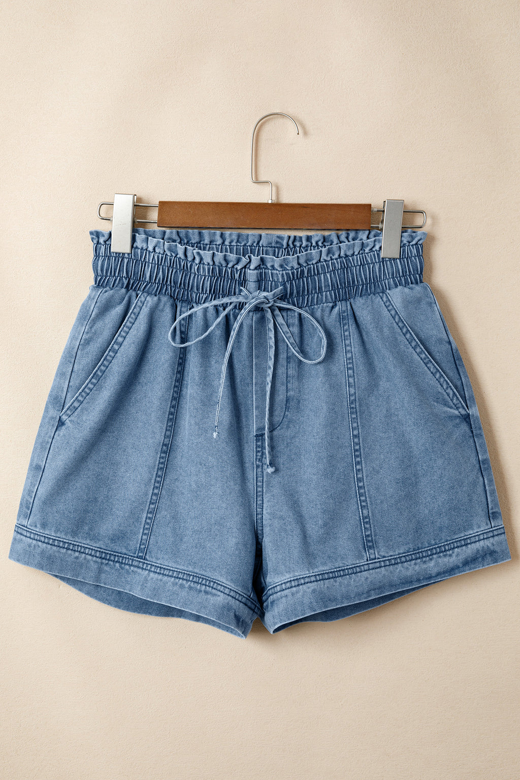 Dusk Blue Smocked Elastic Waist Denim Shorts