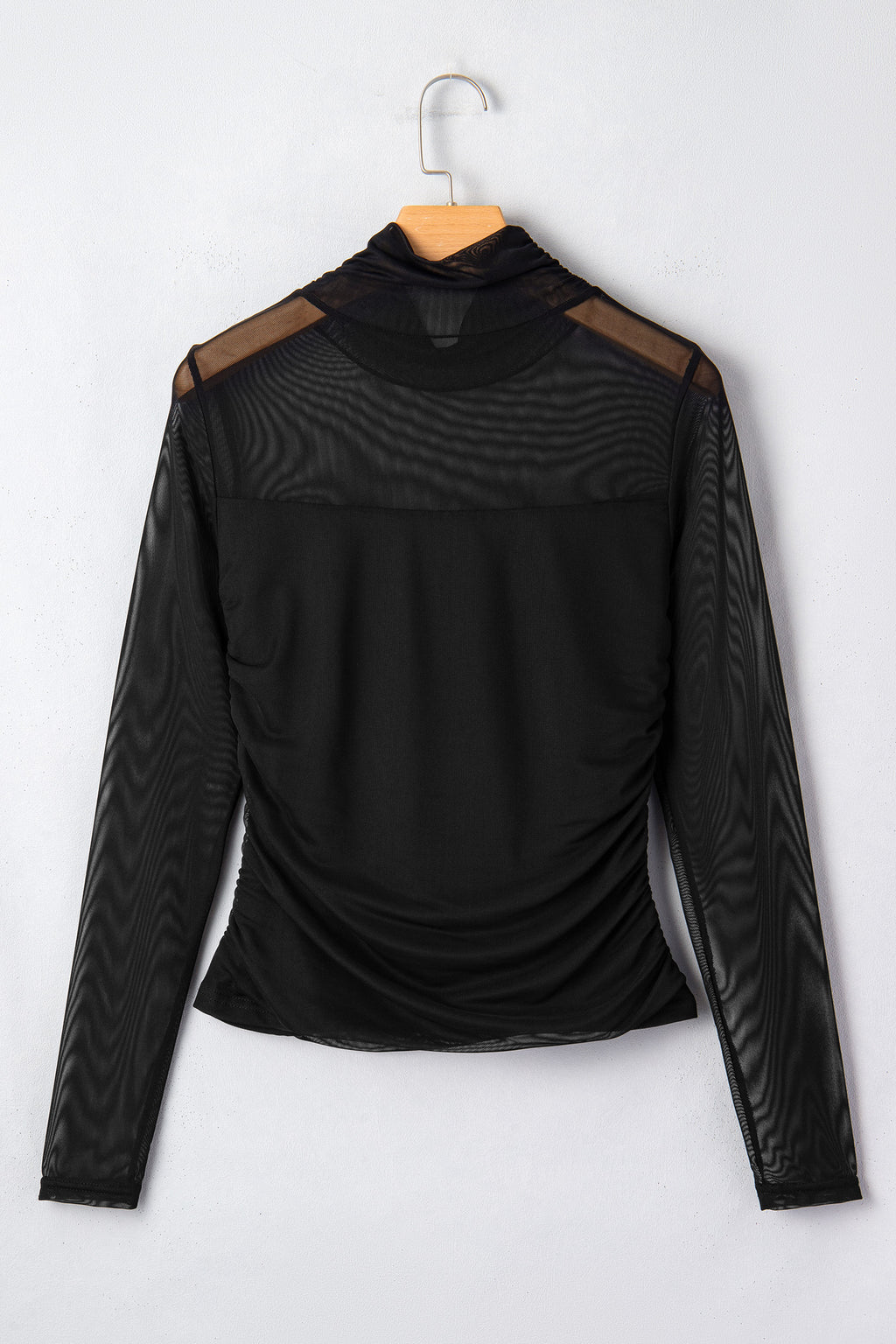 Coffee Sheer Mesh Patchwork High Neck Long Sleeve Top