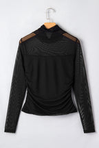 Coffee Sheer Mesh Patchwork High Neck Long Sleeve Top