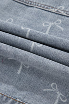 Sky Blue Bow Knot Print Light Wash Raw Hem Denim Jacket