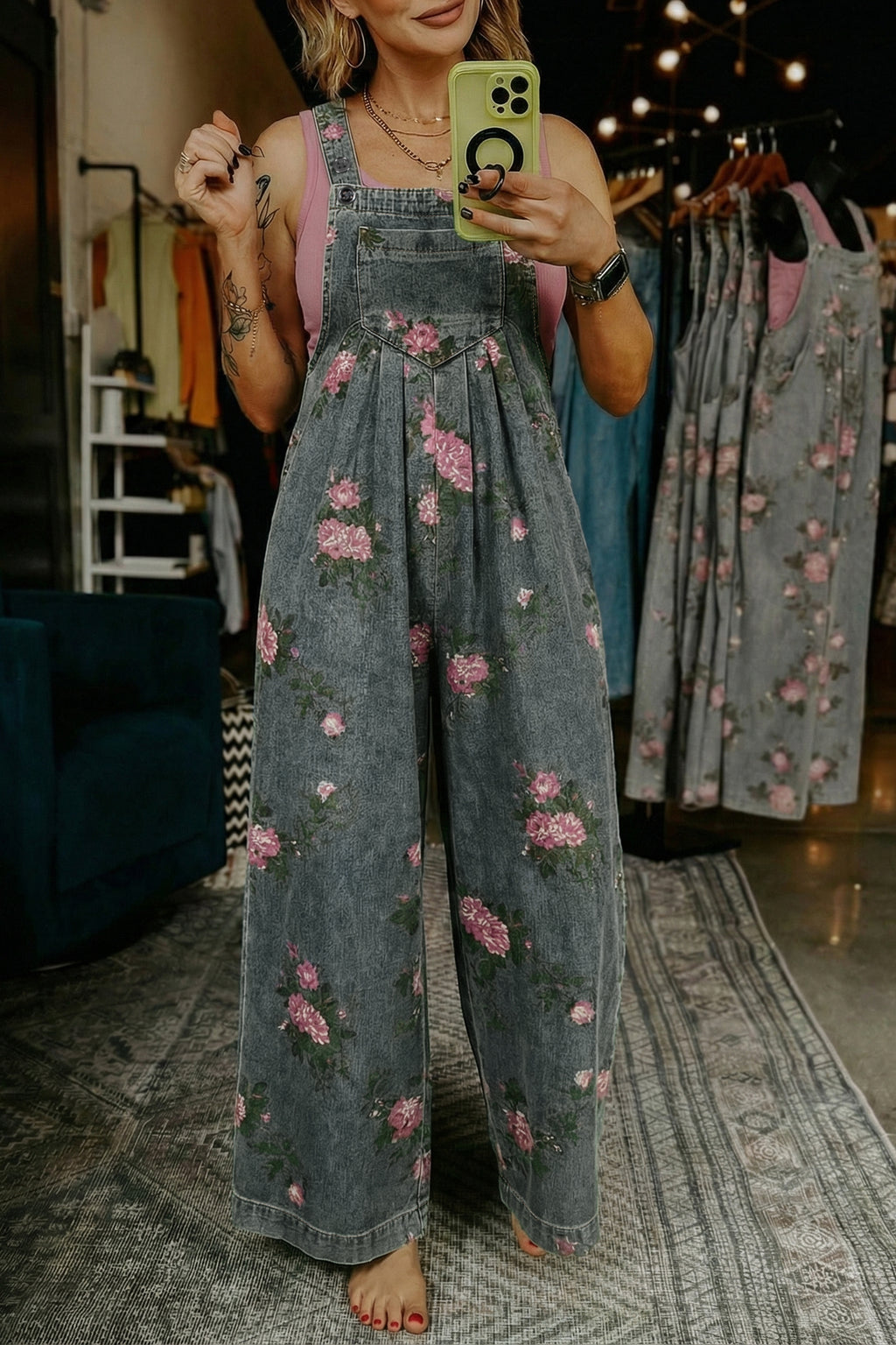 Floral Print Pleated High Waist Wide Leg Denim Jumpsuit