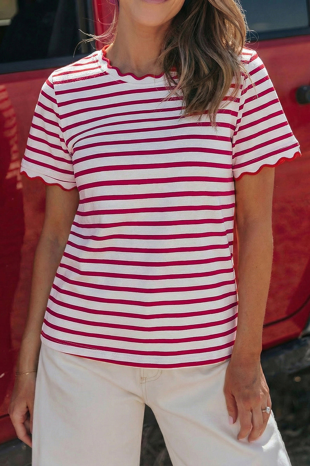 Black Stripe Scalloped Trim Round Neck T Shirt