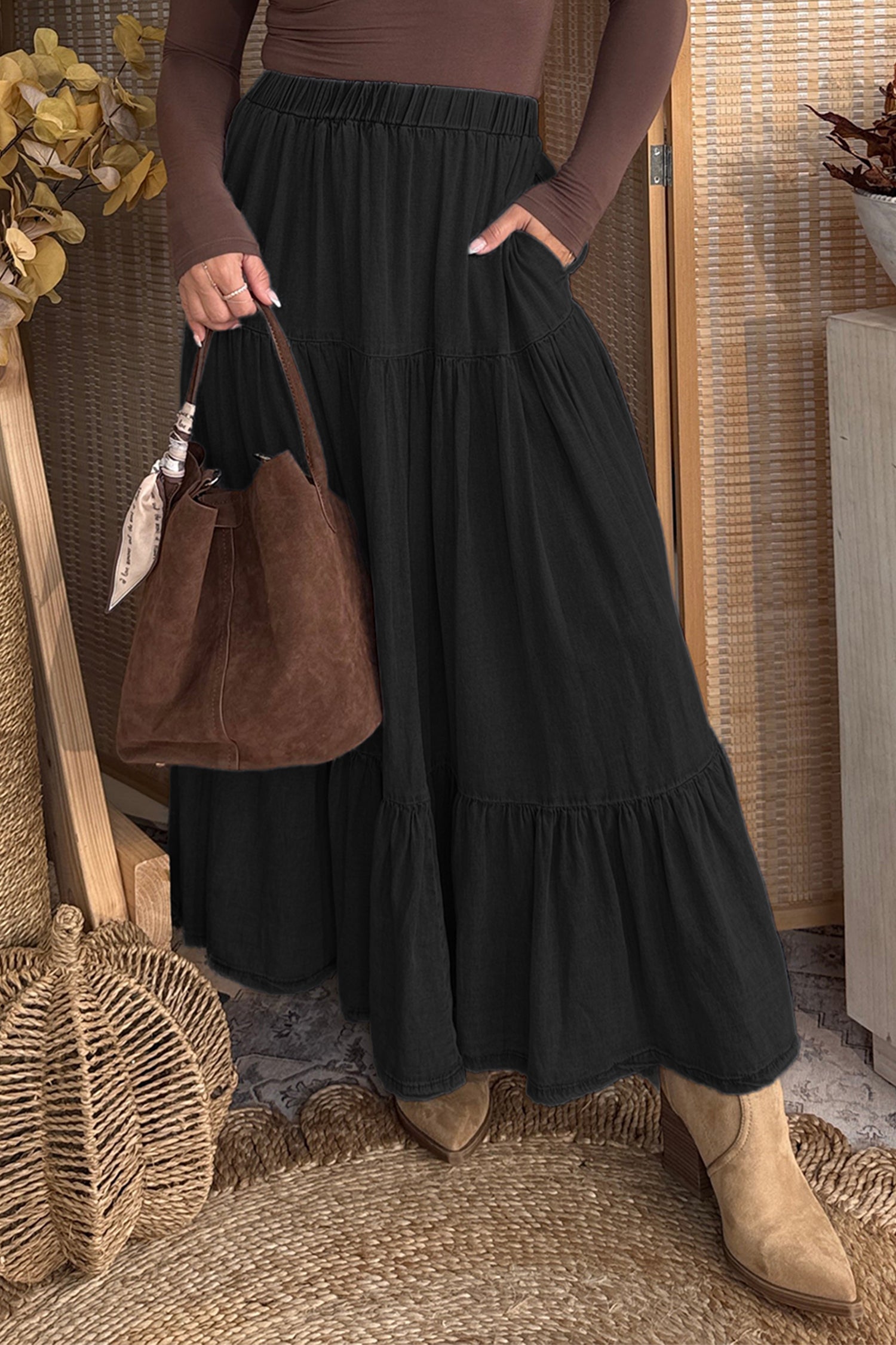 Black Elastic Waist Ruffled Tiered Flared Denim Maxi Skirt
