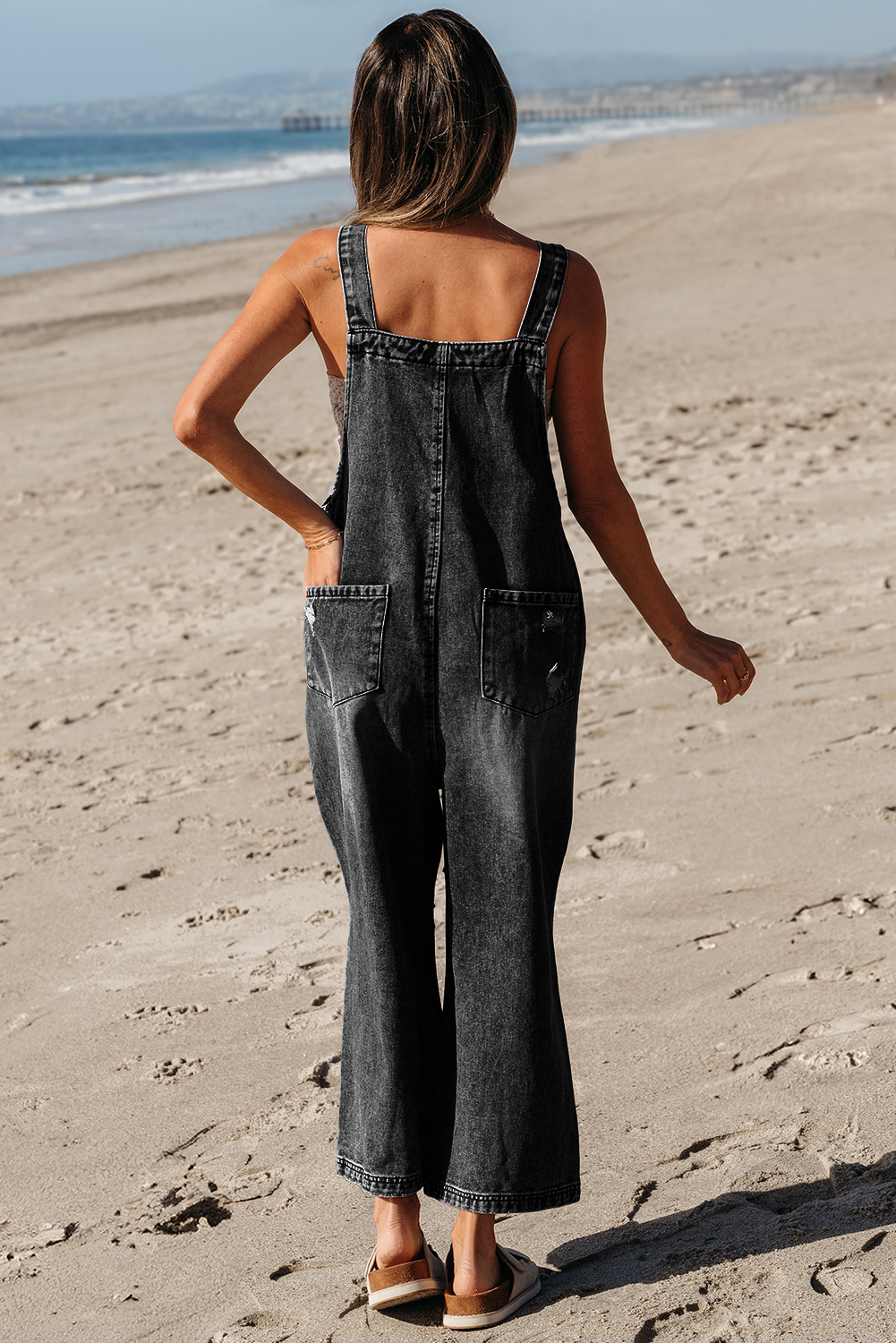 Distressed Bib Pocket Wide Leg Denim Overall