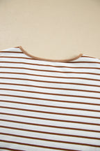 Gray Stripe V Neck Ruffle Contrast Sleeve Top Drawstring Pants 2pcs Set