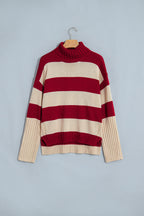 Red Stripe Ribbed Trim High Neck Relaxed Pullover Sweater