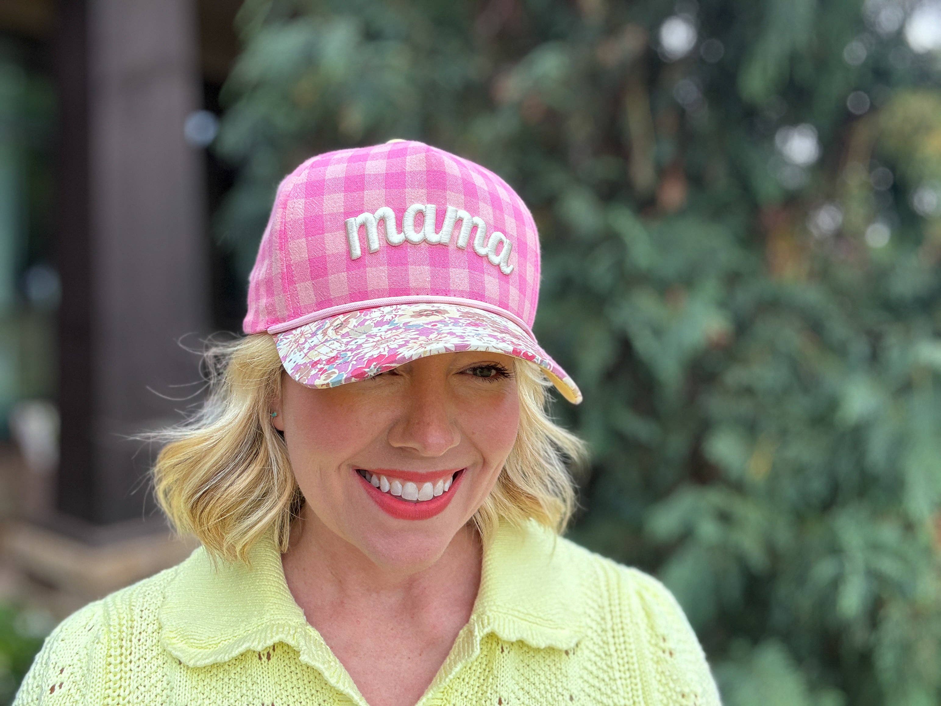 Embroidered Baseball Cap - "Mama" - Pink Gingham + Floral