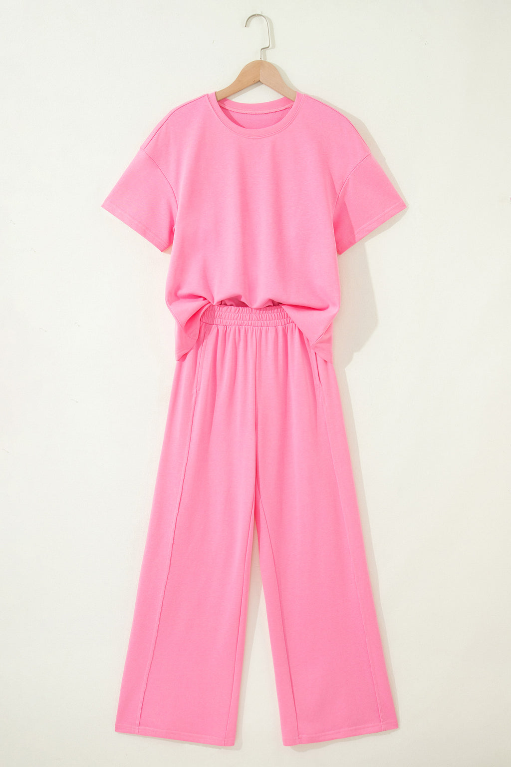 Sachet Pink Solid Cover Oversize Tee Pocketed Casual Pants 2pcs Outfit