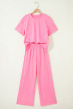Sachet Pink Solid Cover Oversize Tee Pocketed Casual Pants 2pcs Outfit