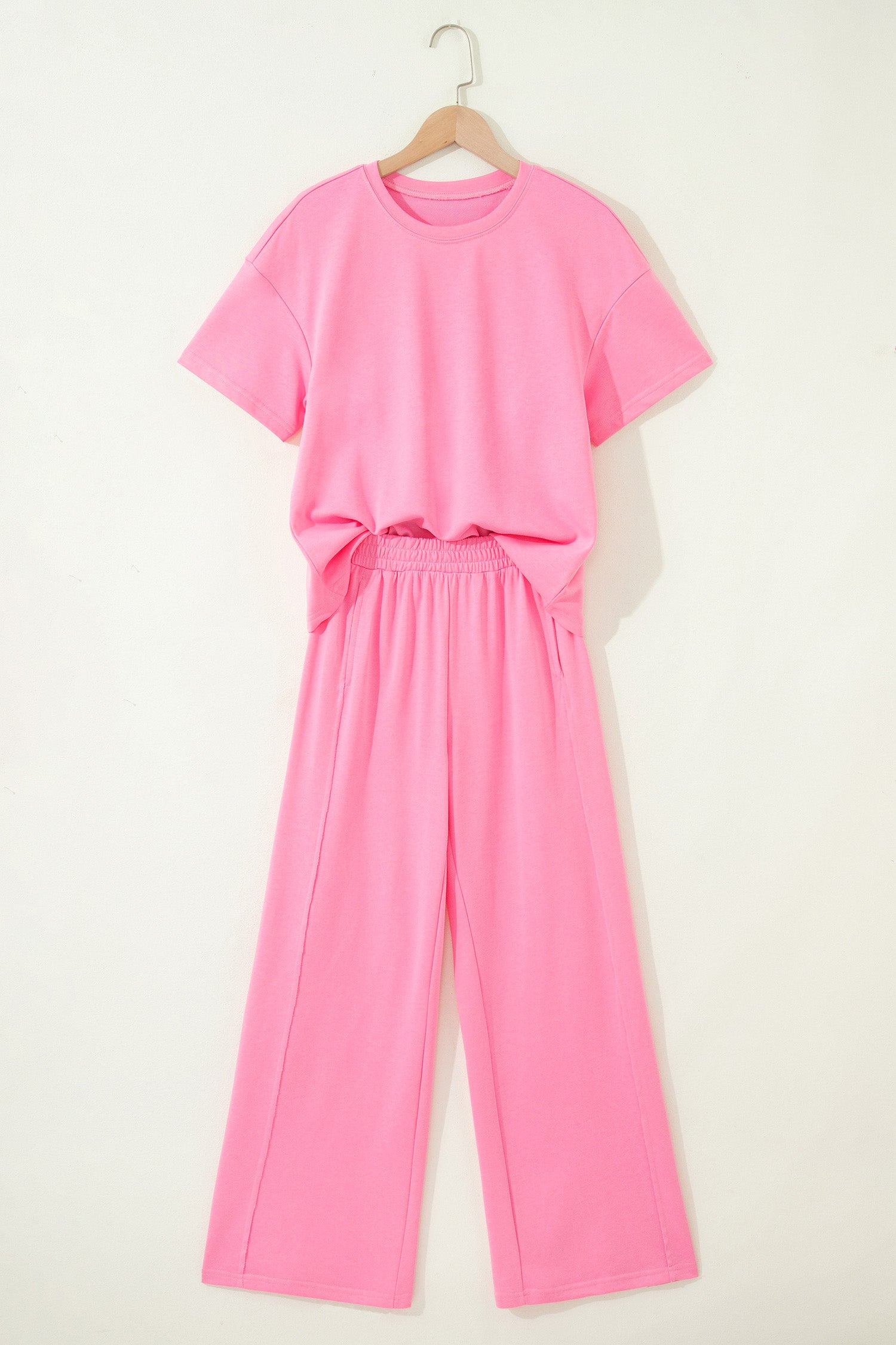 Sachet Pink Solid Cover Oversize Tee Pocketed Casual Pants 2pcs Outfit