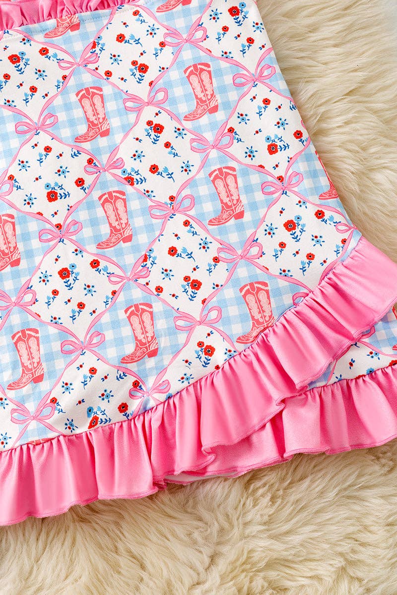 Western boot printed dress with fuchsia ruffle hem. DRG61163 sol