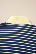 Blue stripe color block patchwork zip V-neck pullover and loose pants two-piece set by Dear-Lover, casual and stylish.