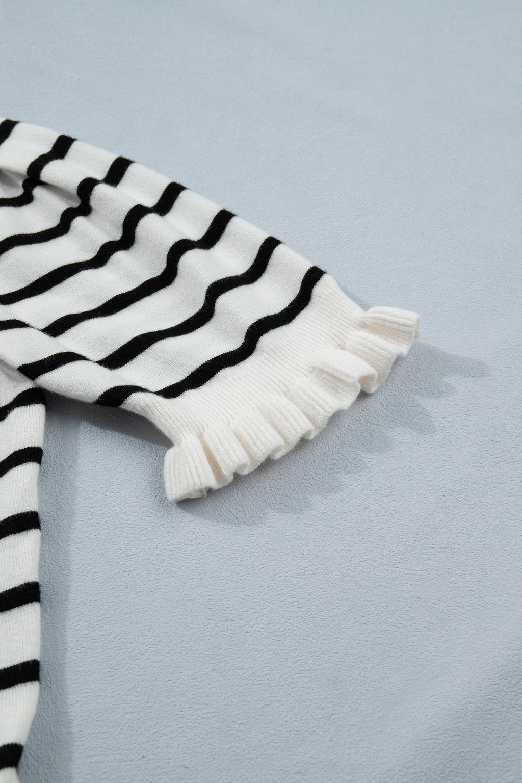 Beige Stripe Ruffle Trim Button Down Knit Short Sleeve Sweater Cardigan