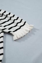 Beige Stripe Ruffle Trim Button Down Knit Short Sleeve Sweater Cardigan