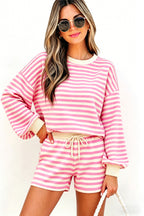 Pink Striped Long Sleeve Crew Neck Drawstring Waist Shorts Set