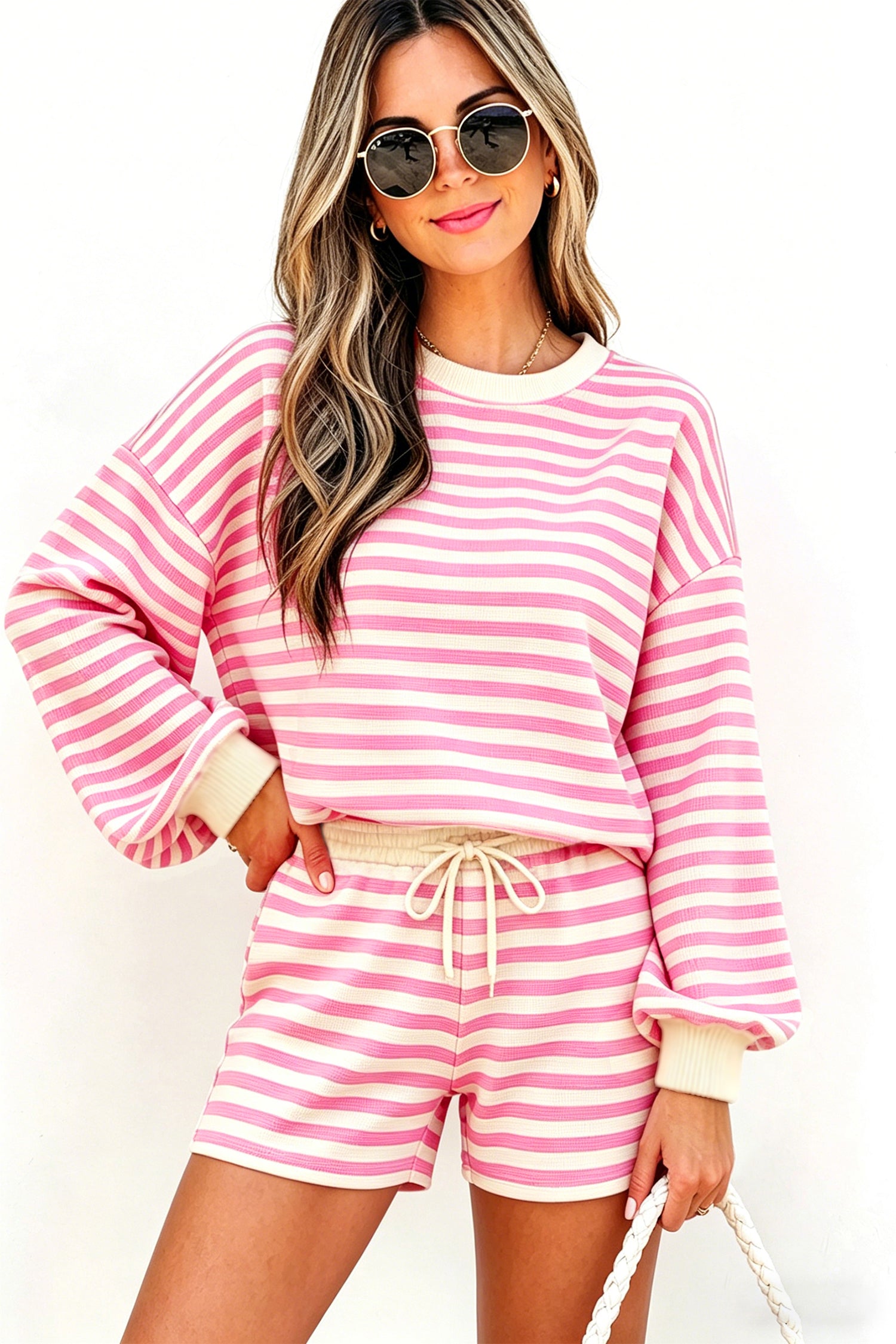 Pink Striped Long Sleeve Crew Neck Drawstring Waist Shorts Set