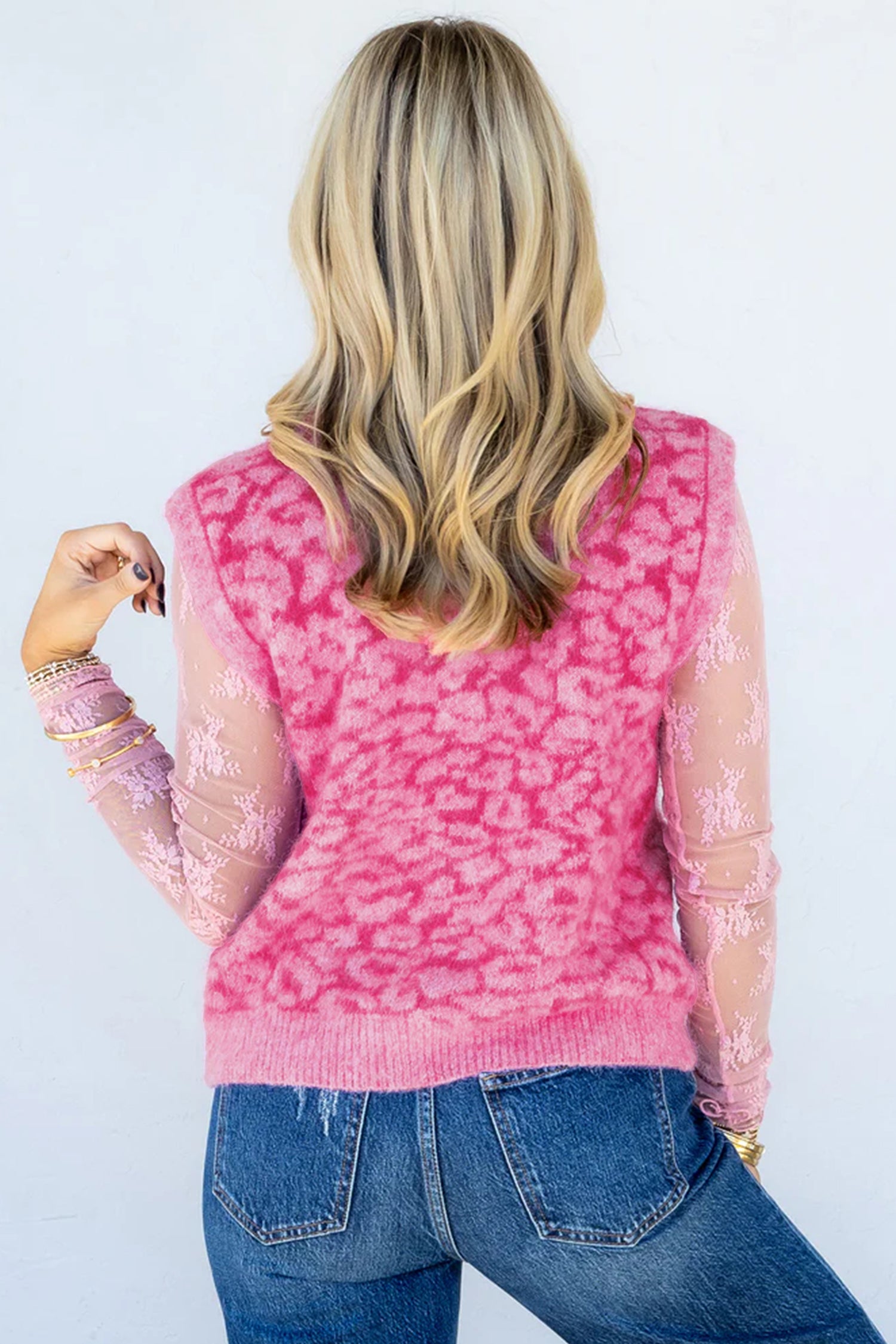 Pink Leopard Print Knit Sleeveless Regular Wash Sweater Vest