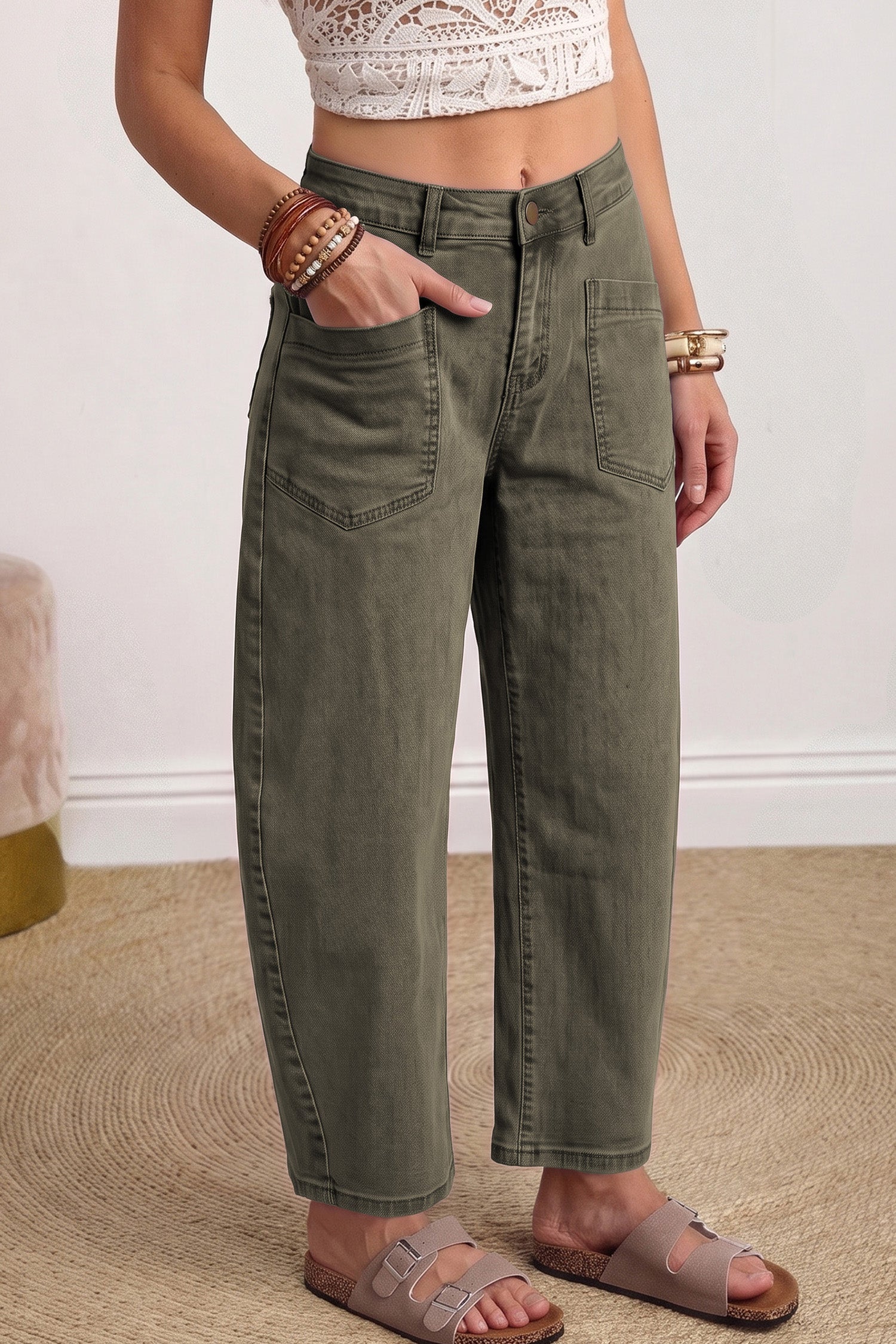 Color Square Patch Pocket Ankle-length Barrel Jeans