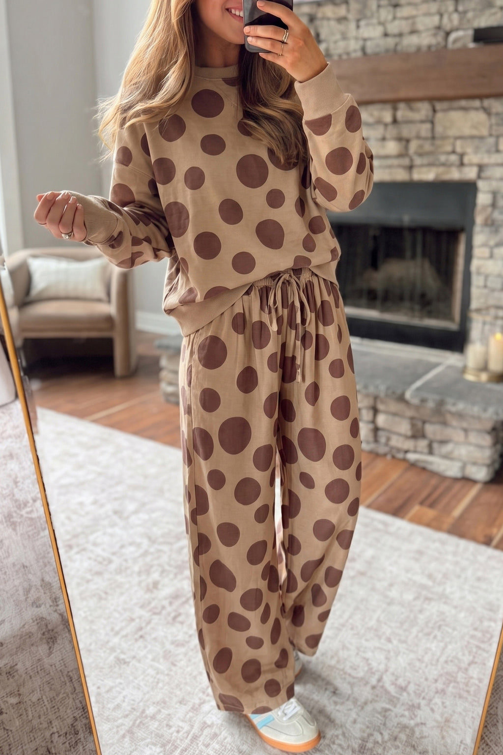 Polka dot long sleeve top and drawstring relaxed pants set by Dear-Lover, casual two-piece outfit with playful pattern and comfortable fit.