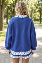 Navy Blue Polka Dot Trim Baggy Pullover 2pcs Short Set