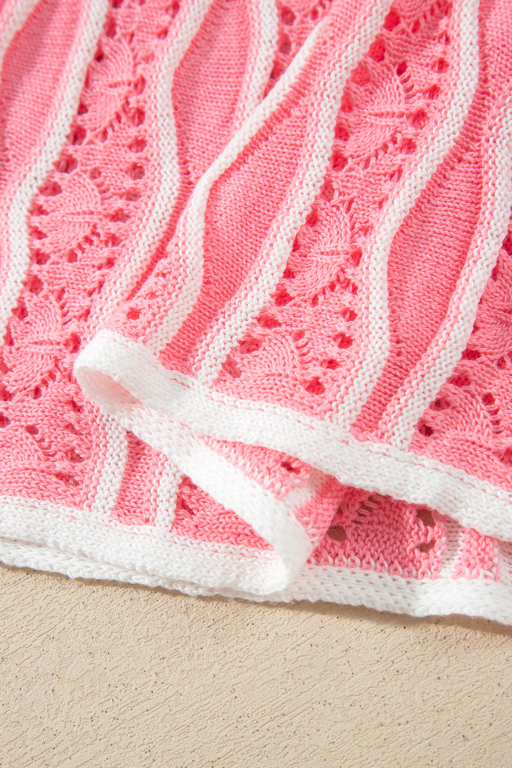 Pink Wavy Detail Hollow Out Knit Long Sleeve Cotton Pullover Sweater