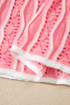 Pink Wavy Detail Hollow Out Knit Long Sleeve Cotton Pullover Sweater