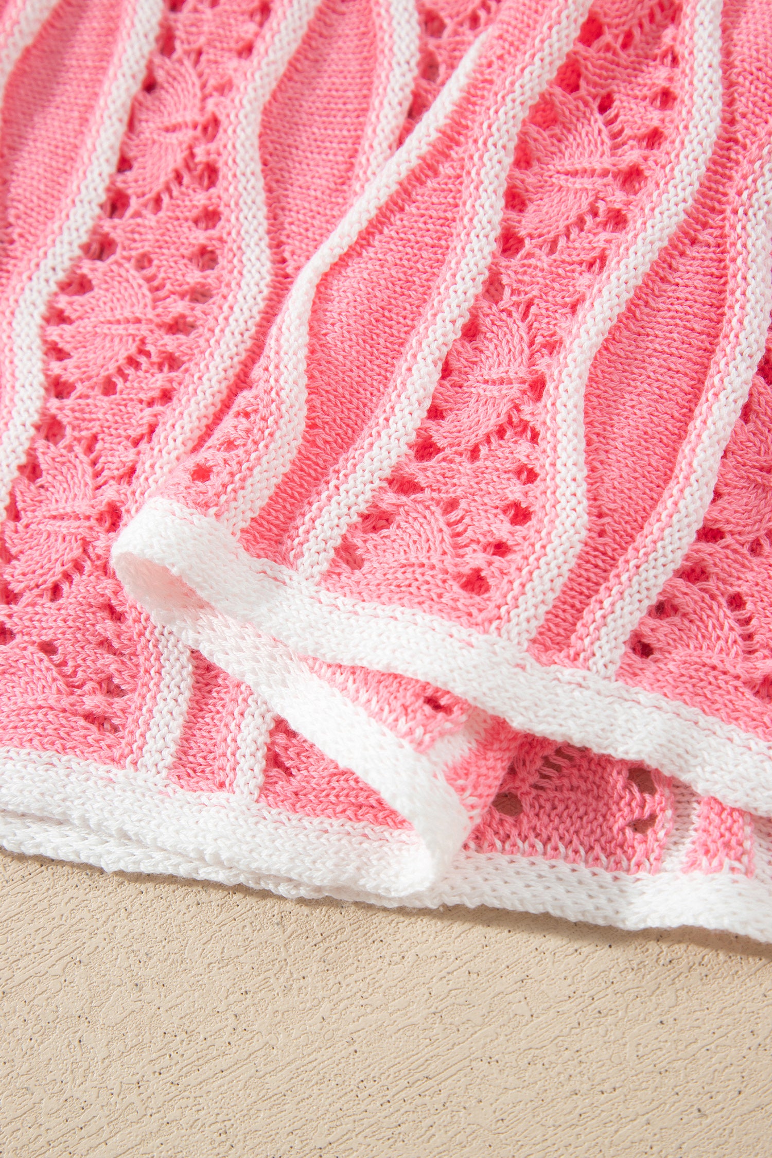 Pink Wavy Detail Hollow Out Knit Long Sleeve Cotton Pullover Sweater