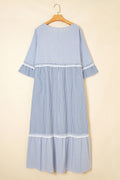 Sky Blue Stripe Crisscross Lace Detail Mixed Striped Patchwork Plus Size Shift Long Dress