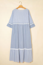 Sky Blue Stripe Crisscross Lace Detail Mixed Striped Patchwork Plus Size Shift Long Dress