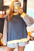 Blue Stripe Color Block Long Sleeve Pullover Ribbed Knit Casual Shorts Set