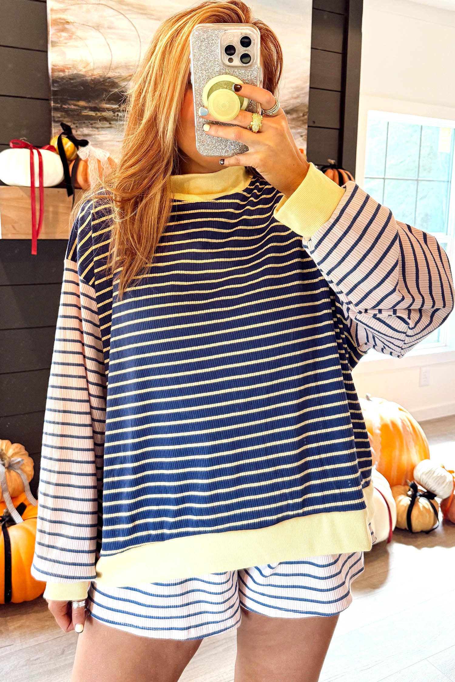 Blue Stripe Color Block Long Sleeve Pullover Ribbed Knit Casual Shorts Set