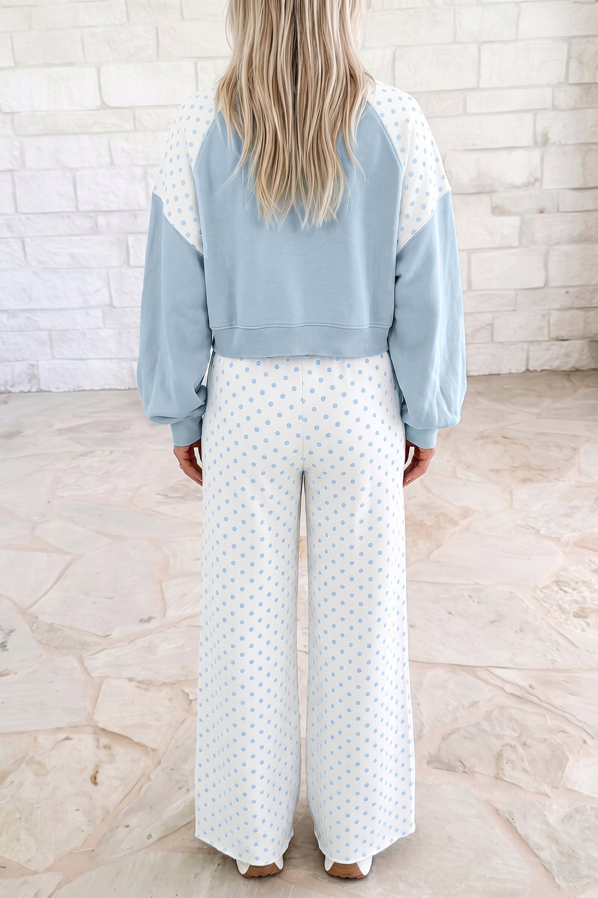 Polka dot patchwork colorblock long sleeve two-piece pants set from Dear-Lover with casual style and vibrant pattern.