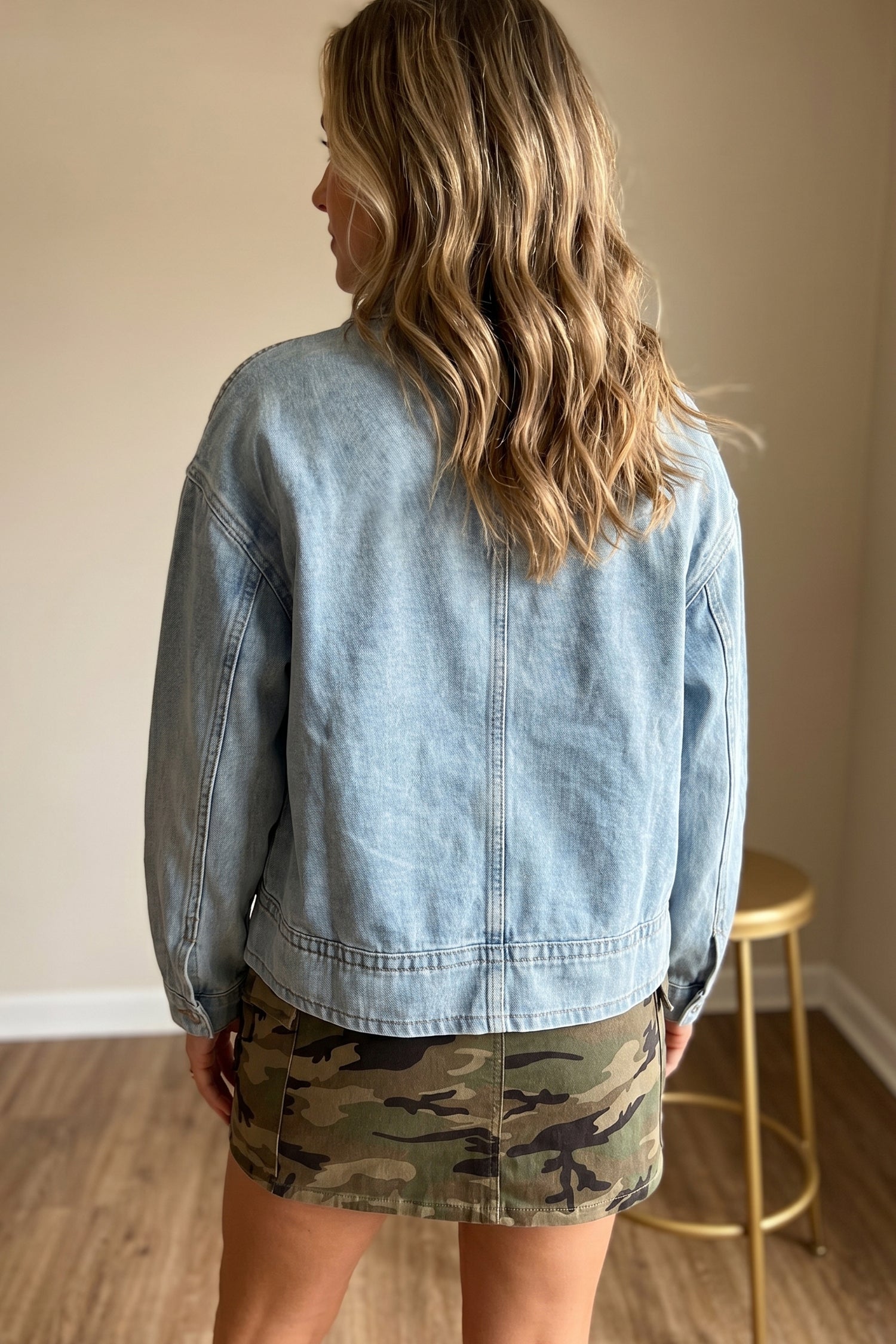 Beau Blue Draw-cord Hem Light Wash Denim Jacket