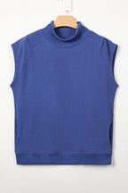 Black Solid Color High Neck Cap Sleeve Loose Top