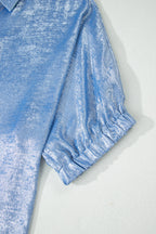 Collared V Neck Half Sleeve Metallic Top