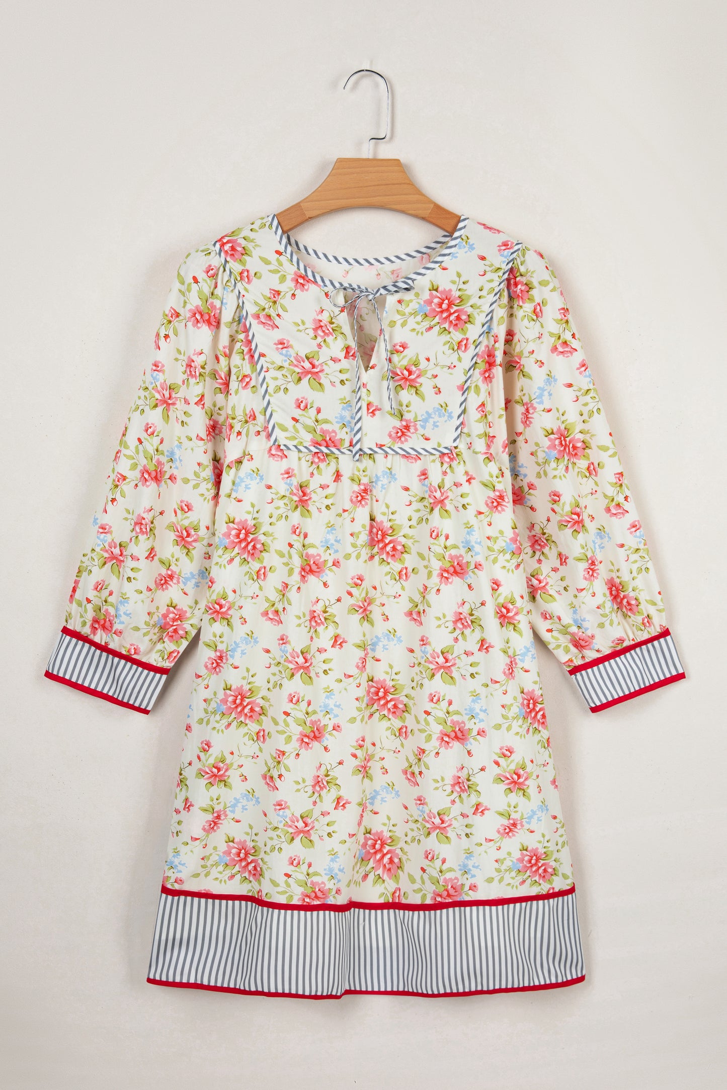 Apricot Striped Edge 3/4 Puff Sleeve Floral Dress