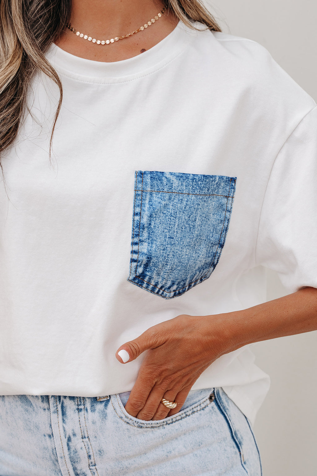 Sail Blue Color Block Chest Pocket Patched Casual Short Sleeve Top