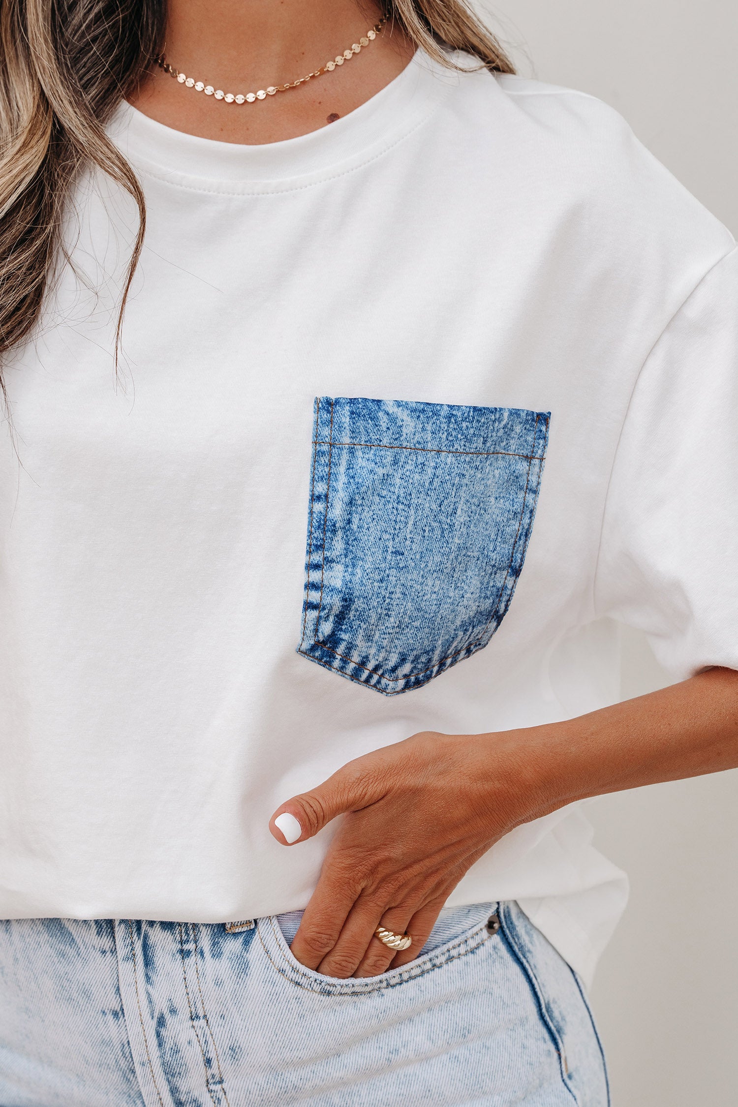 Sail Blue Color Block Chest Pocket Patched Casual Short Sleeve Top