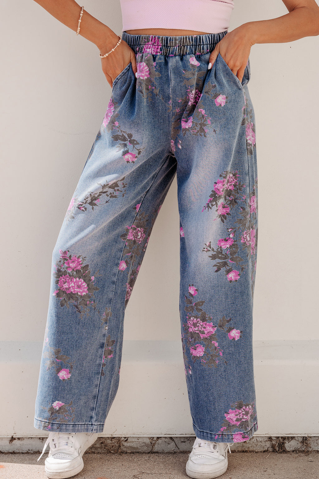 Beau Blue Floral Print Elastic Waist Pull On Casual Jeans