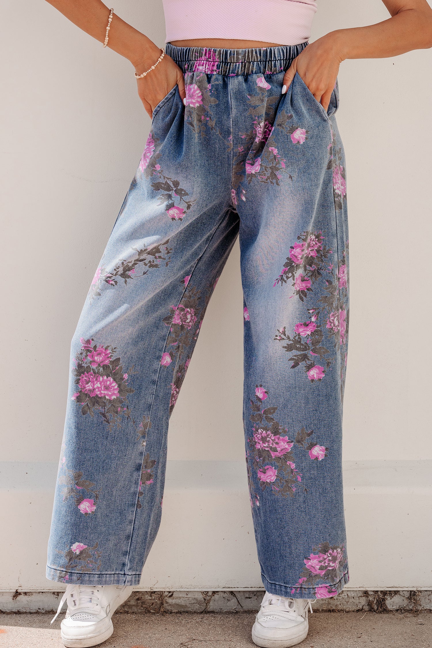 Beau Blue Floral Print Elastic Waist Pull On Casual Jeans