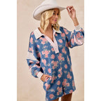 WASHED FLORAL DENIM ROMPER WITH CONTRAST COLLAR