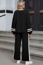 Varsity Stripe Patchwork Puff Sleeve Pullover Drawstring Wide Leg Pant Set
