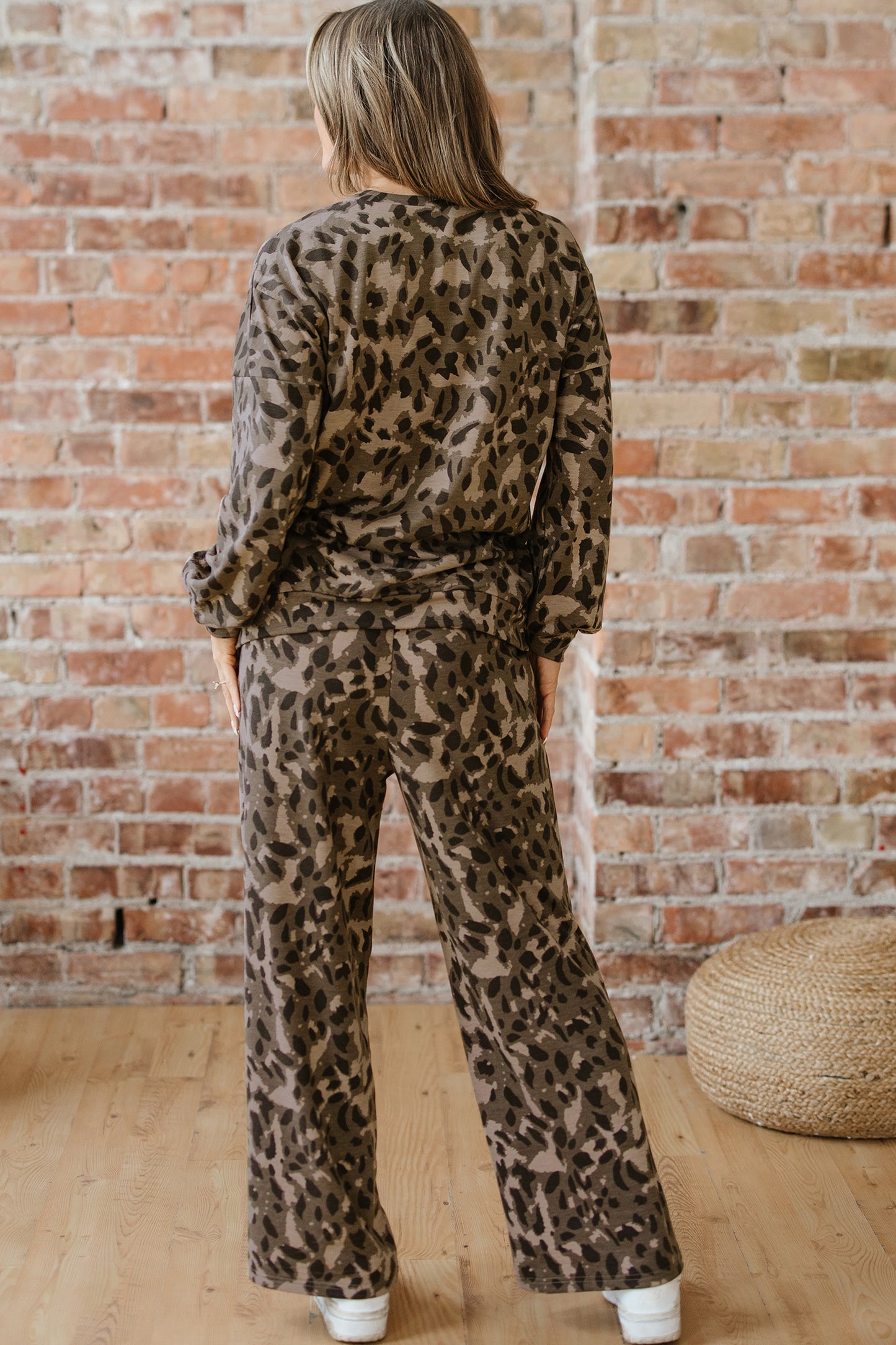 Leopard Print Raw Seam Patchwork Pullover Drawstring Loose Pant Set