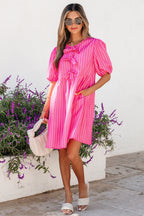 Rose Striped Print Bow Detail Short Puff Sleeve Mini Dress