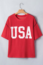 Fiery Red USA Graphic Half Sleeve Loose Ribbed Top