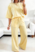 Lace Patchwork Half Sleeve Top Elastic Waist Pants Two Piece Set
