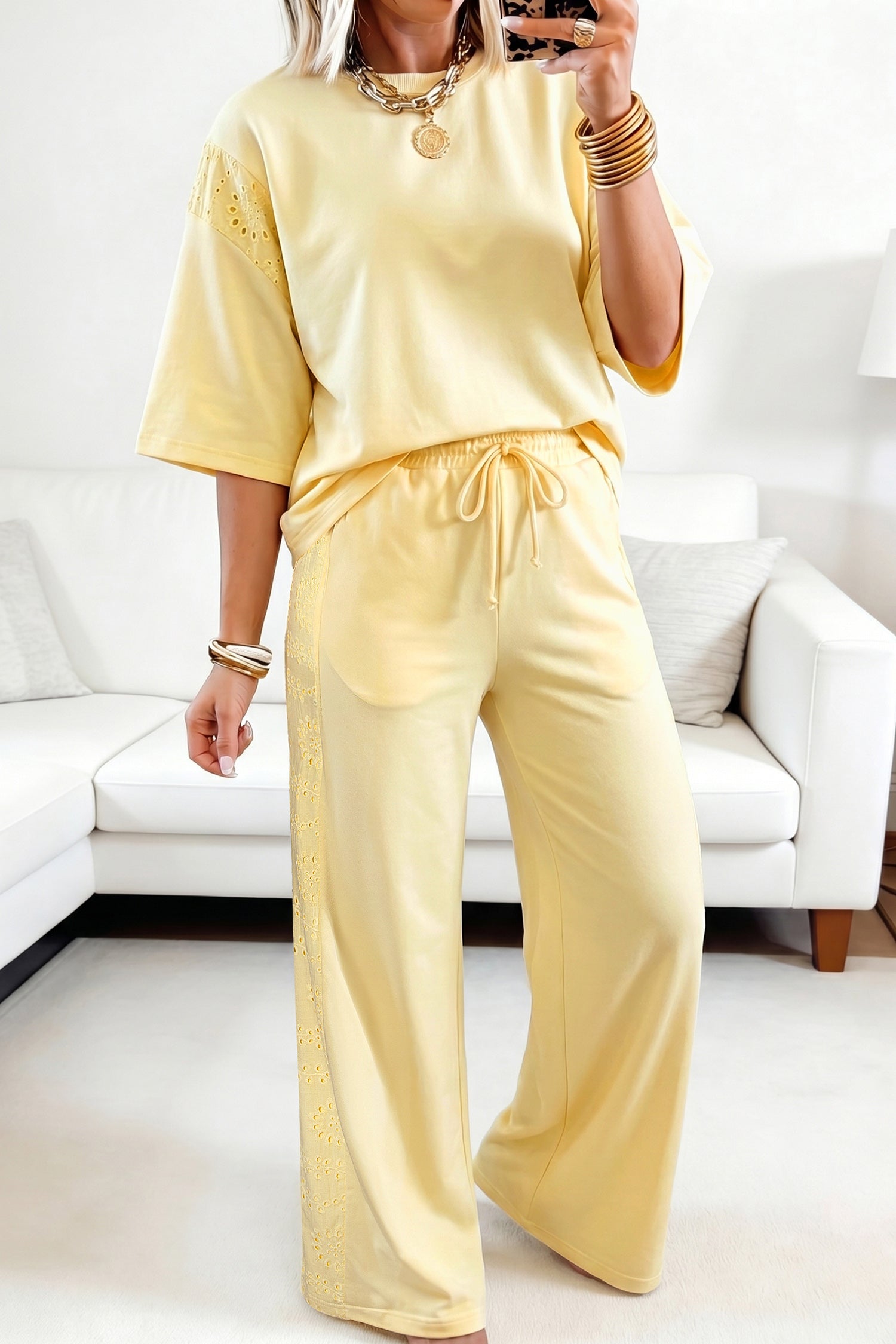 Lace Patchwork Half Sleeve Top Elastic Waist Pants Two Piece Set
